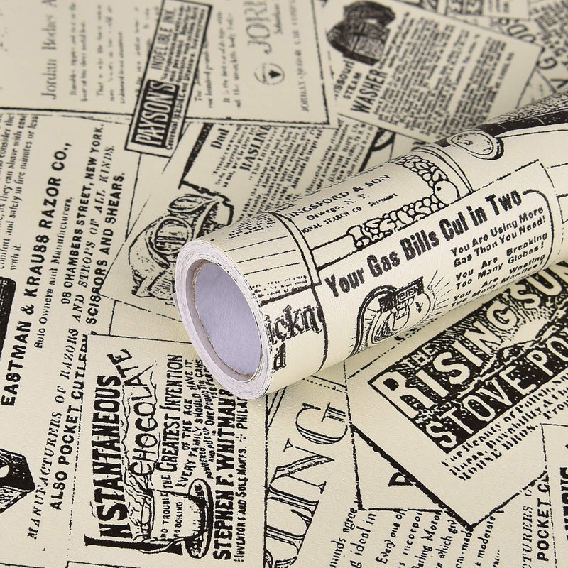 WENMER Newspaper Contact Paper - 17.71â€ x 118â€ Vintage Peel and Stick Self Adhesive Wallpaper Removable Wall Paper Roll for Furniture, Shelf, Drawer Liner - Image 1
